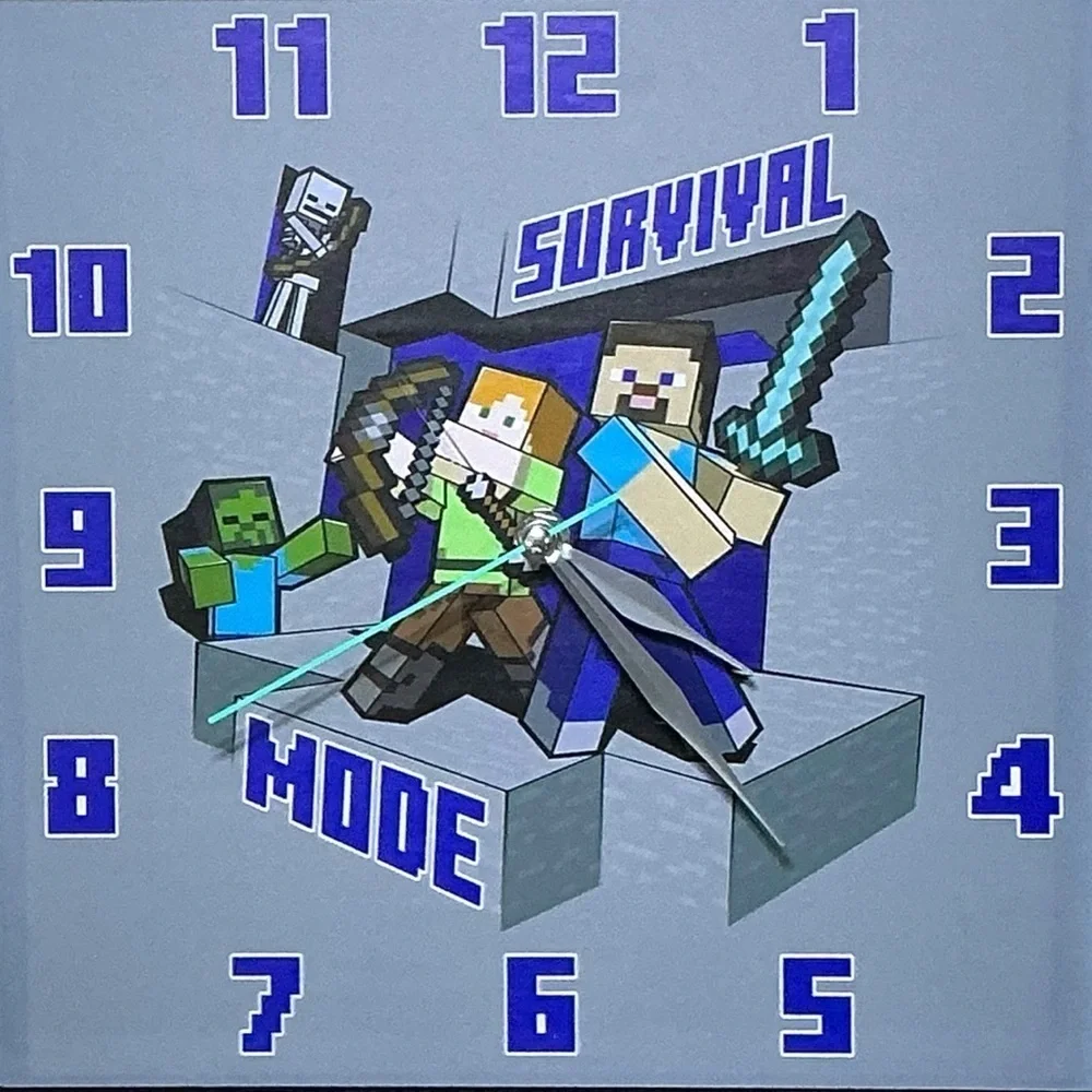 Minecraft Wall Clock Analog Quartz Battery Operate Gamer Gift 11 In Square Gray